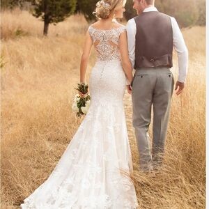 COLUMN BACKLESS WEDDING DRESS w/ Veil Clear Beaded Lace - 120" Long